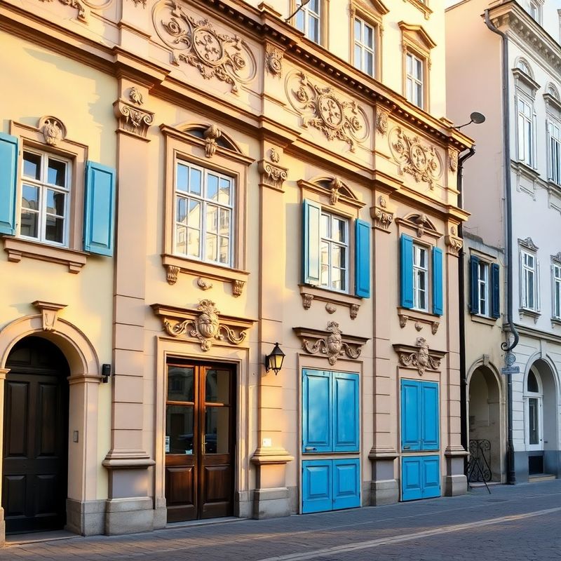 Fasáda historické budovy s azurovými okenicemi na náměstí v Českých Budějovicích v odpoledním světle